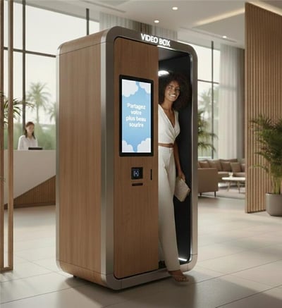 VidéoBox autonome au design chic installée dans un lieu public, cabine vidéo immersive permettant de collecter des contenus UGC et des messages vidéo spontanés.