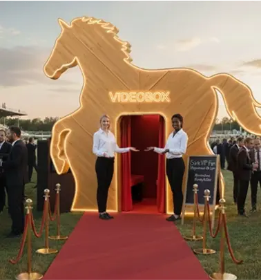 VidéoBox événementielle personnalisée lors d’une course hippique, animation vidéo immersive permettant aux participants d’enregistrer souvenirs et messages vidéo